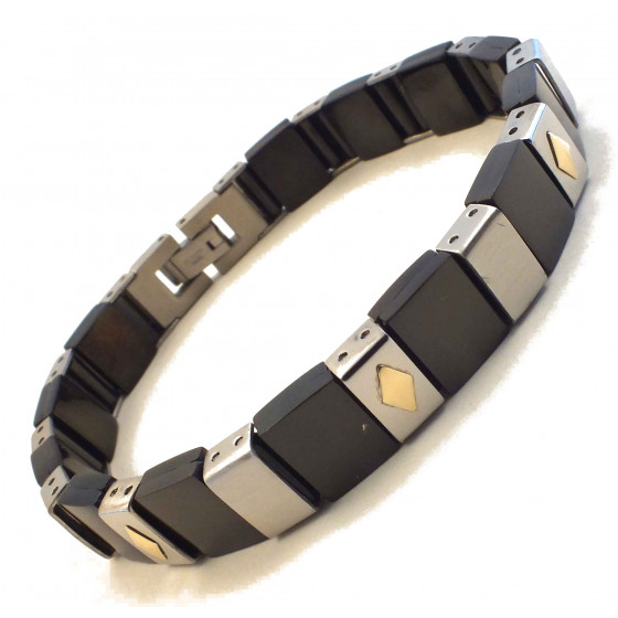 Mens bracelet stainless steel, rubber and solid gold 18 kt.