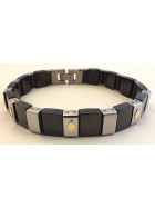 Mens bracelet stainless steel, rubber and solid gold 18 kt.