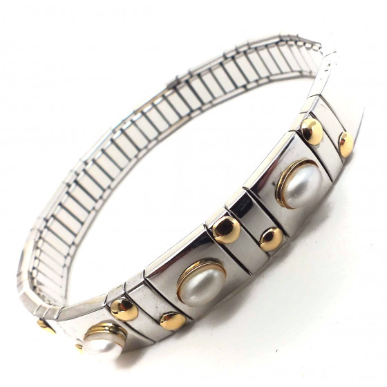 Bracciale elasticiazzato in acciaio con elementi in oro e perle vere